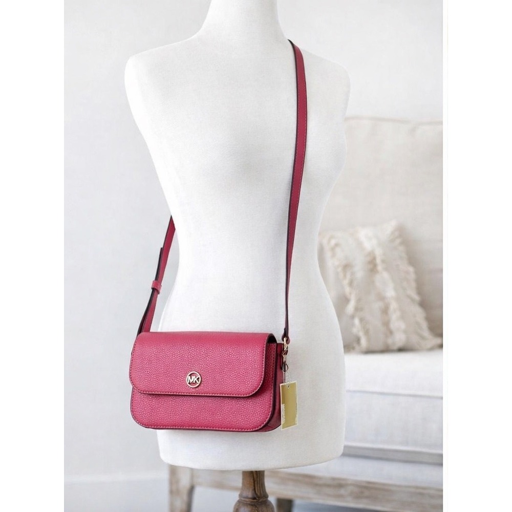 Michael Kors Jet Set Travel Small Flap Crossbody Pink Berry Pebbled Leather New - Picture 2 of 8